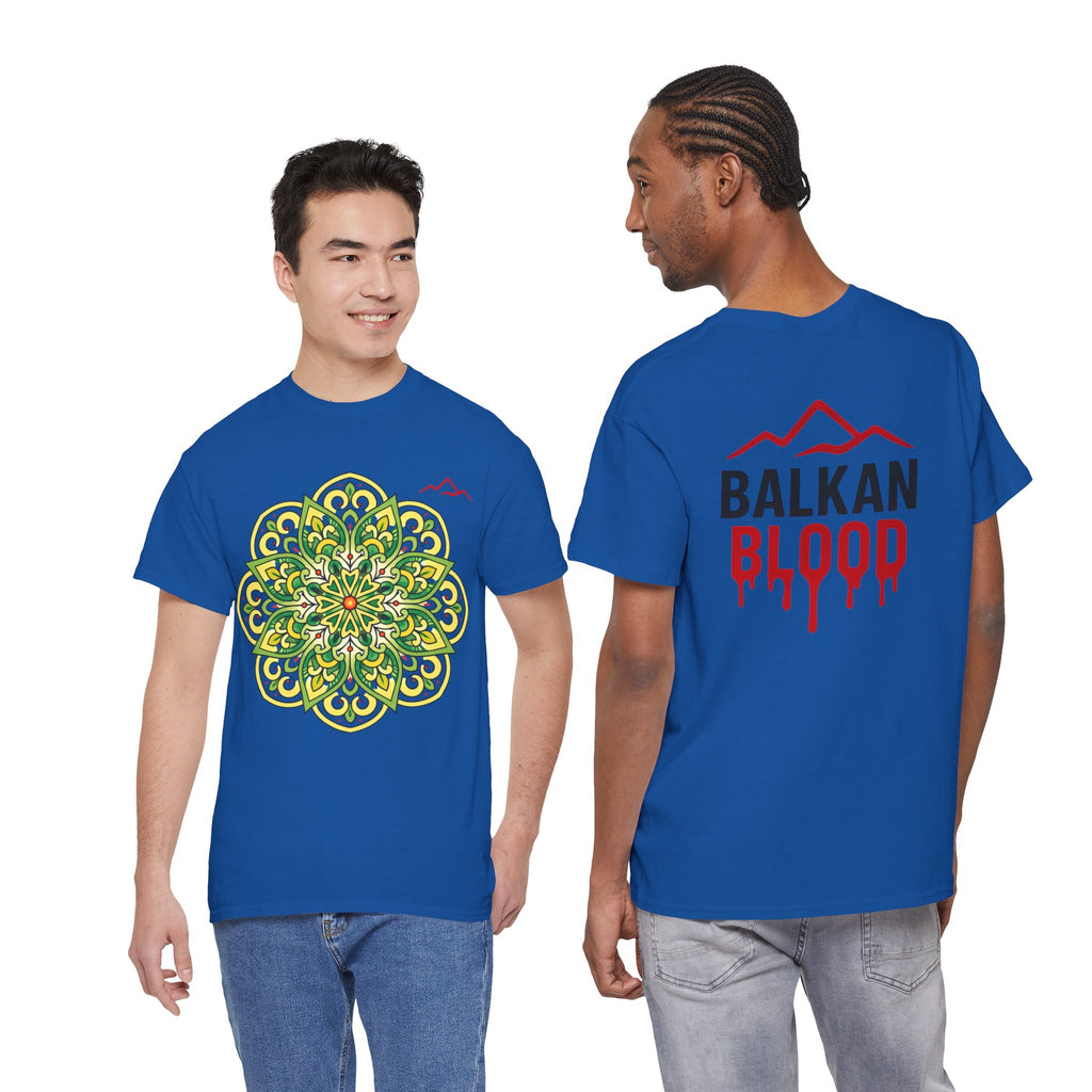Balkan Blood Graphic Tee — Green Mandala Front & Drip Logo Back