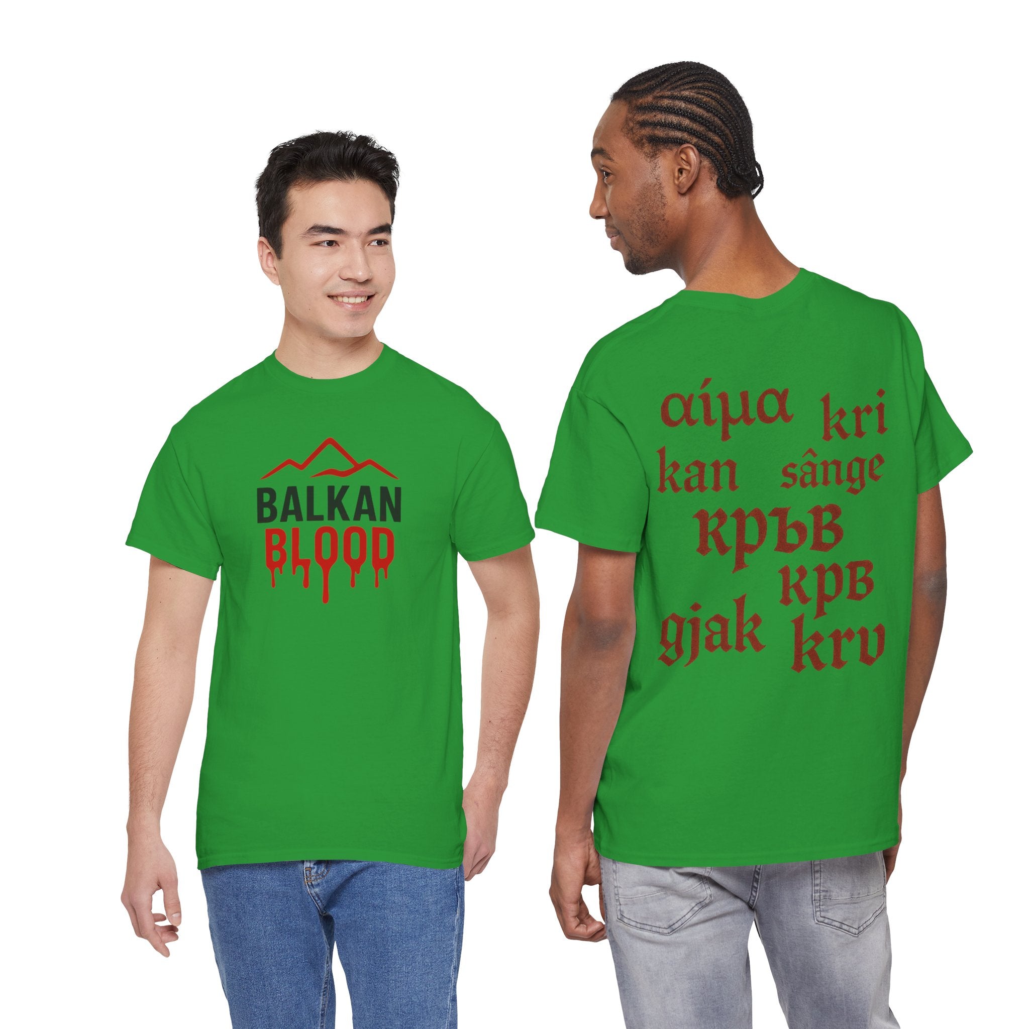 Balkan Blood T-Shirt — Heritage Graphic Tee with Multilingual “Blood” Back Print