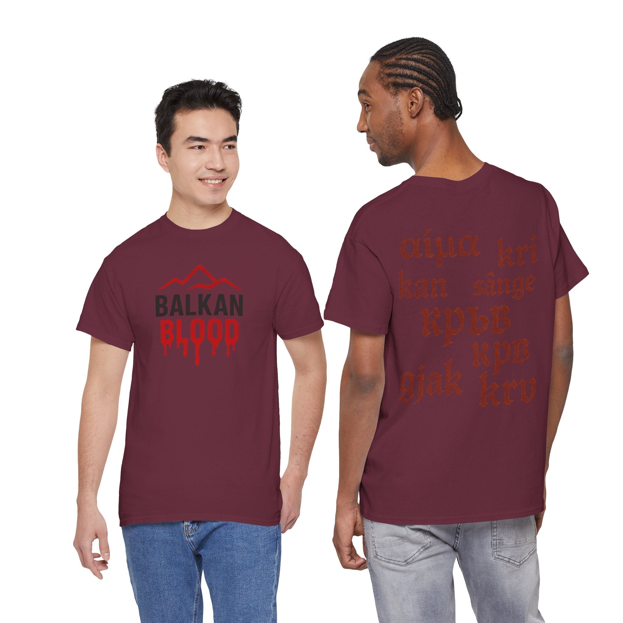 Balkan Blood T-Shirt — Heritage Graphic Tee with Multilingual “Blood” Back Print