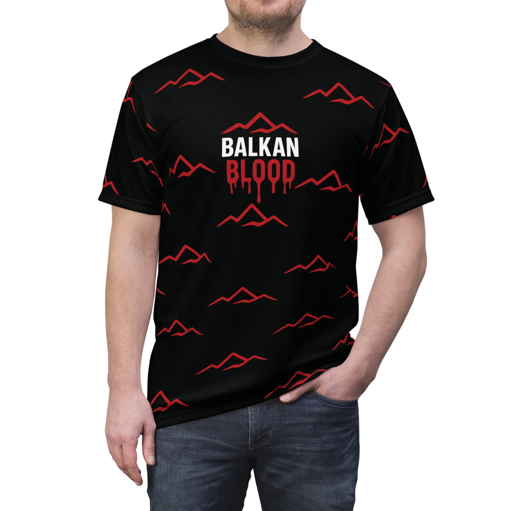 T‑Shirt — "Balkan Blood" Red Mountain Pattern All‑Over Print