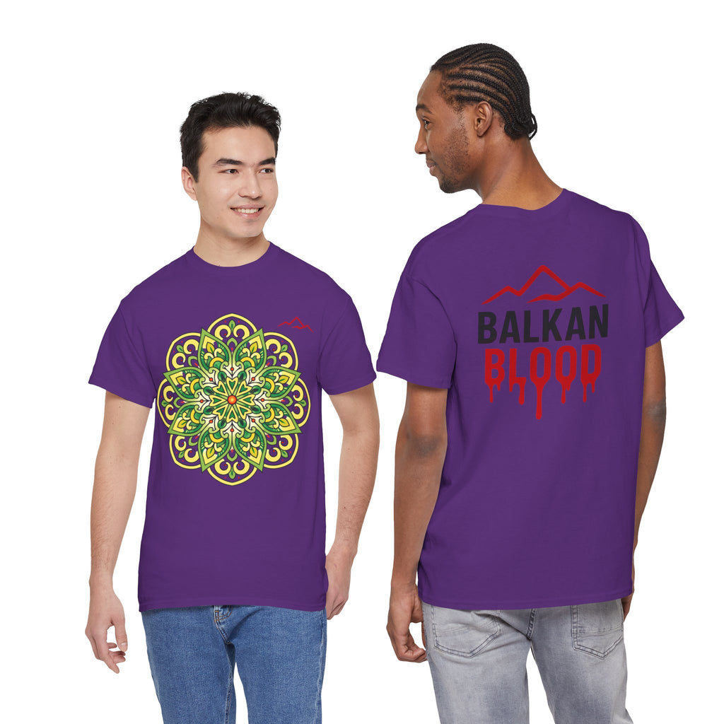Balkan Blood Graphic Tee — Green Mandala Front & Drip Logo Back