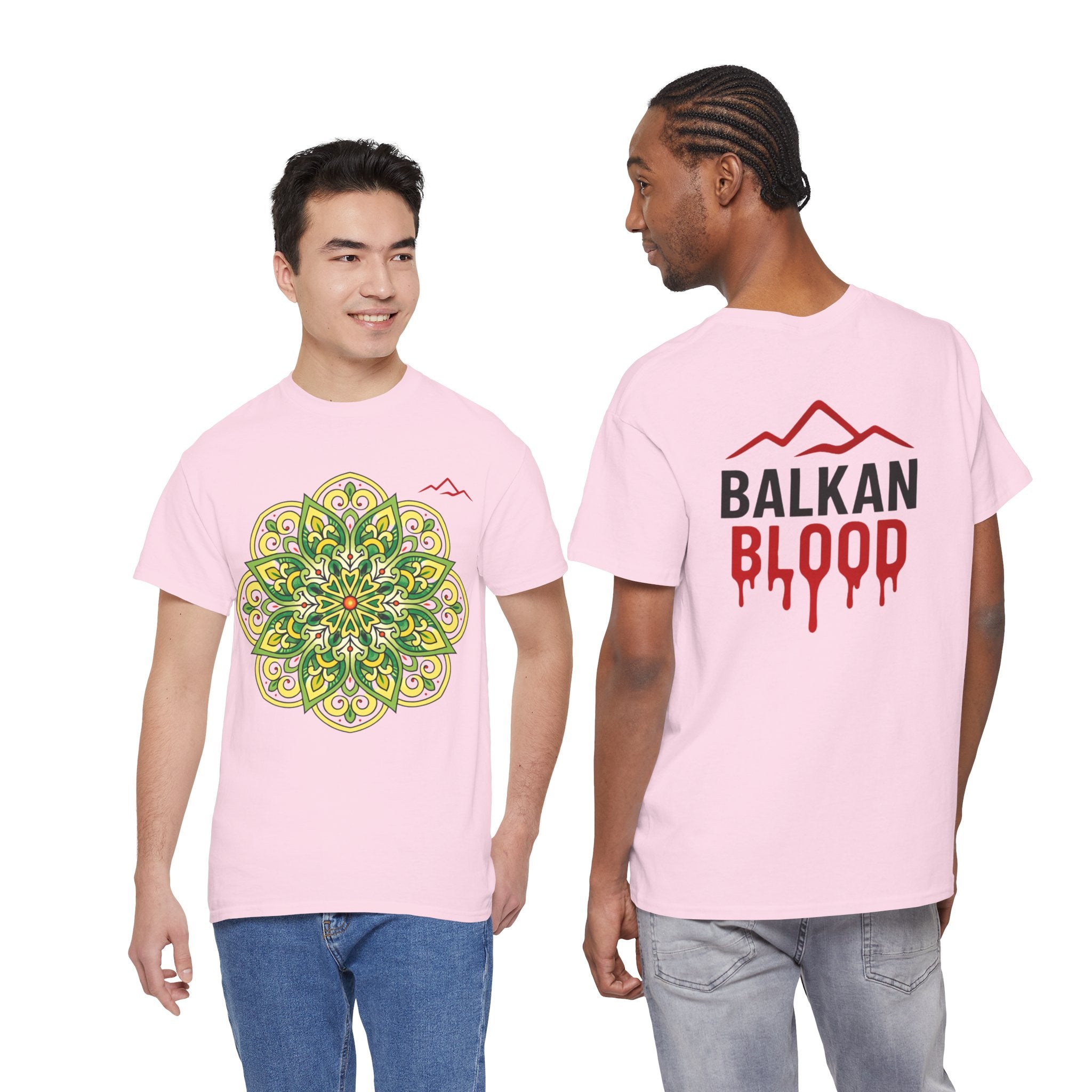 Balkan Blood Graphic Tee — Green Mandala Front & Drip Logo Back