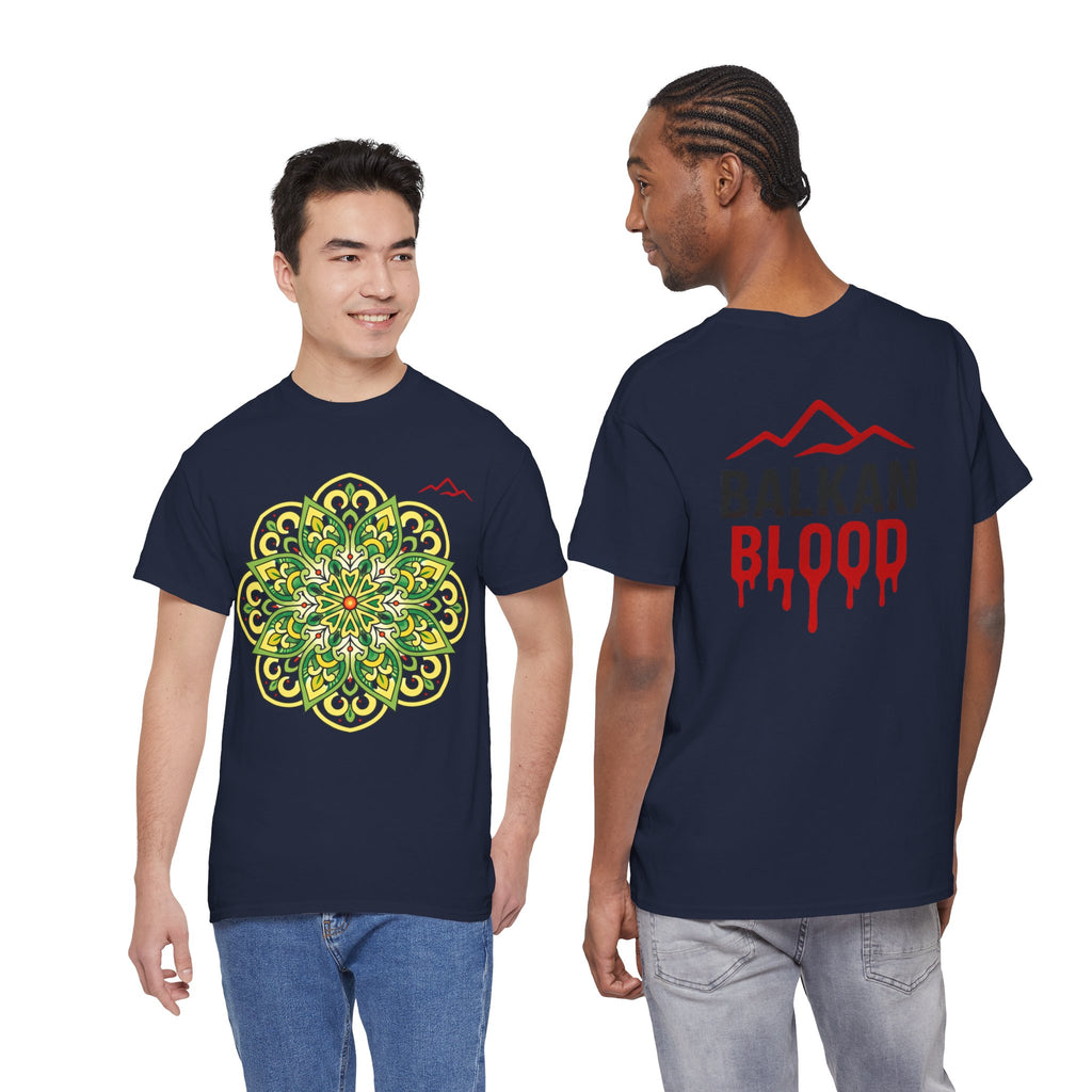 Balkan Blood Graphic Tee — Green Mandala Front & Drip Logo Back