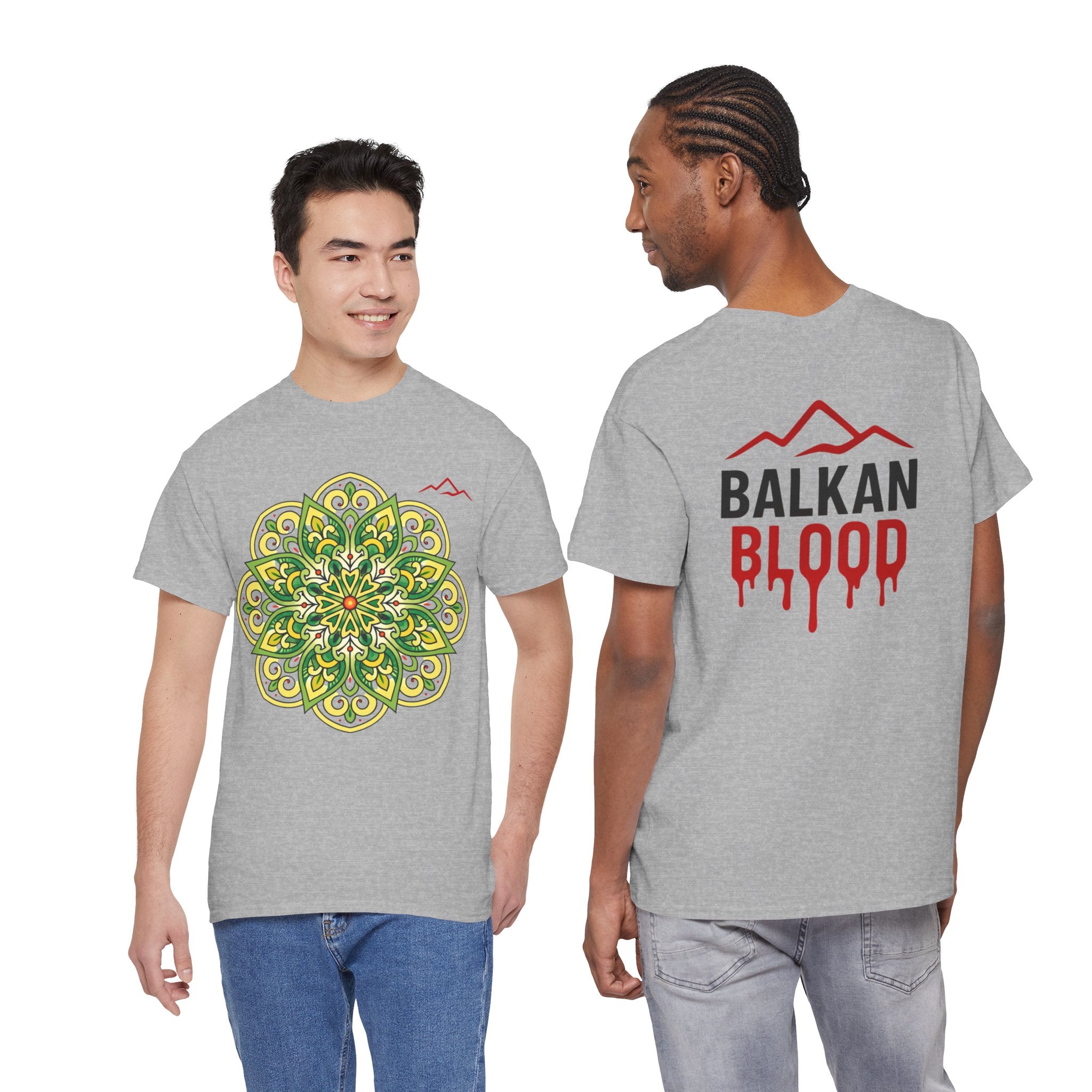 Balkan Blood Graphic Tee — Green Mandala Front & Drip Logo Back