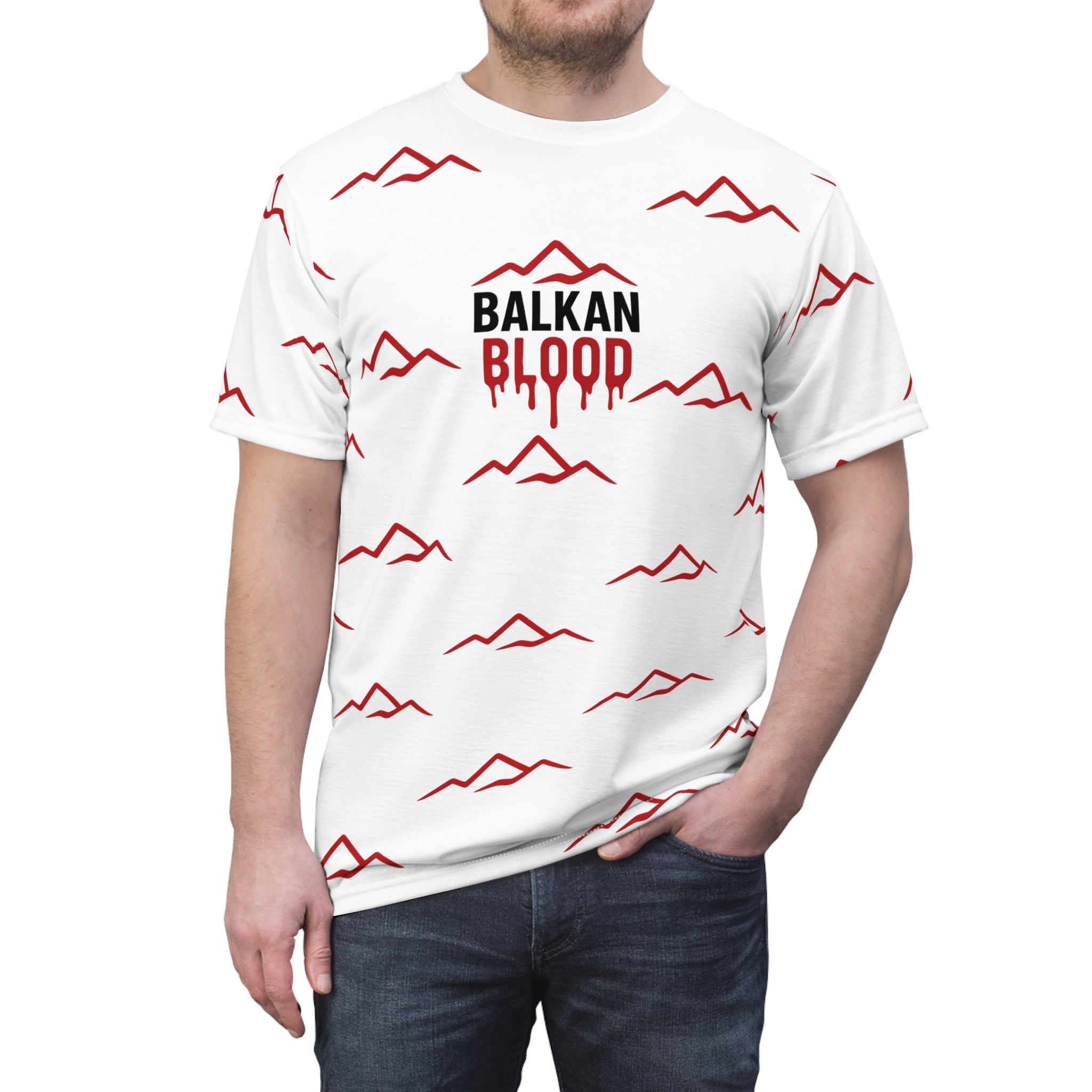 T‑Shirt — "Balkan Blood" Red Mountain Pattern All‑Over Print