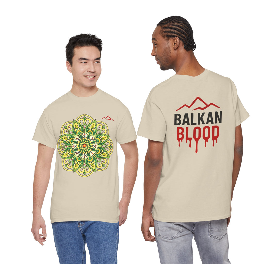 Balkan Blood Graphic Tee — Green Mandala Front & Drip Logo Back