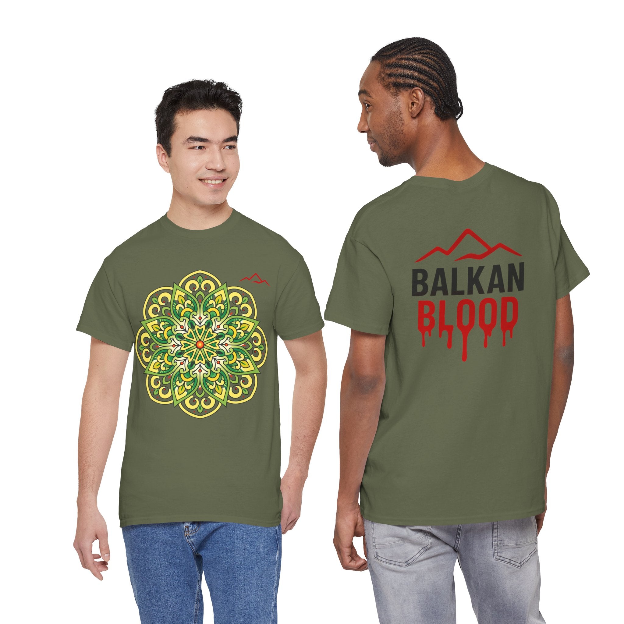 Balkan Blood Graphic Tee — Green Mandala Front & Drip Logo Back