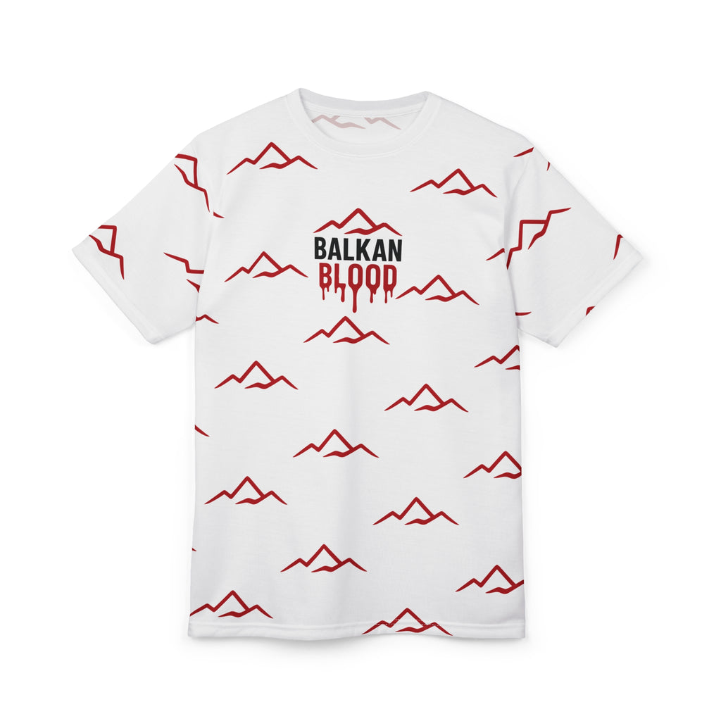 T‑Shirt — "Balkan Blood" Red Mountain Pattern All‑Over Print