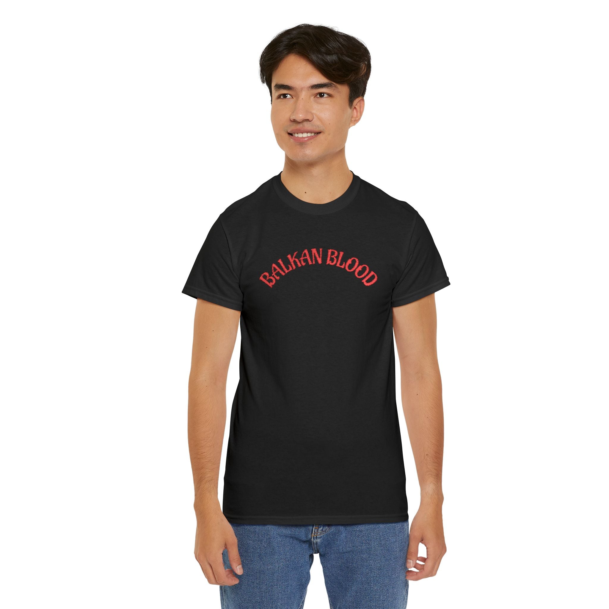 Embroidery Balkan Blood T‑Shirt — Red Arch Logo