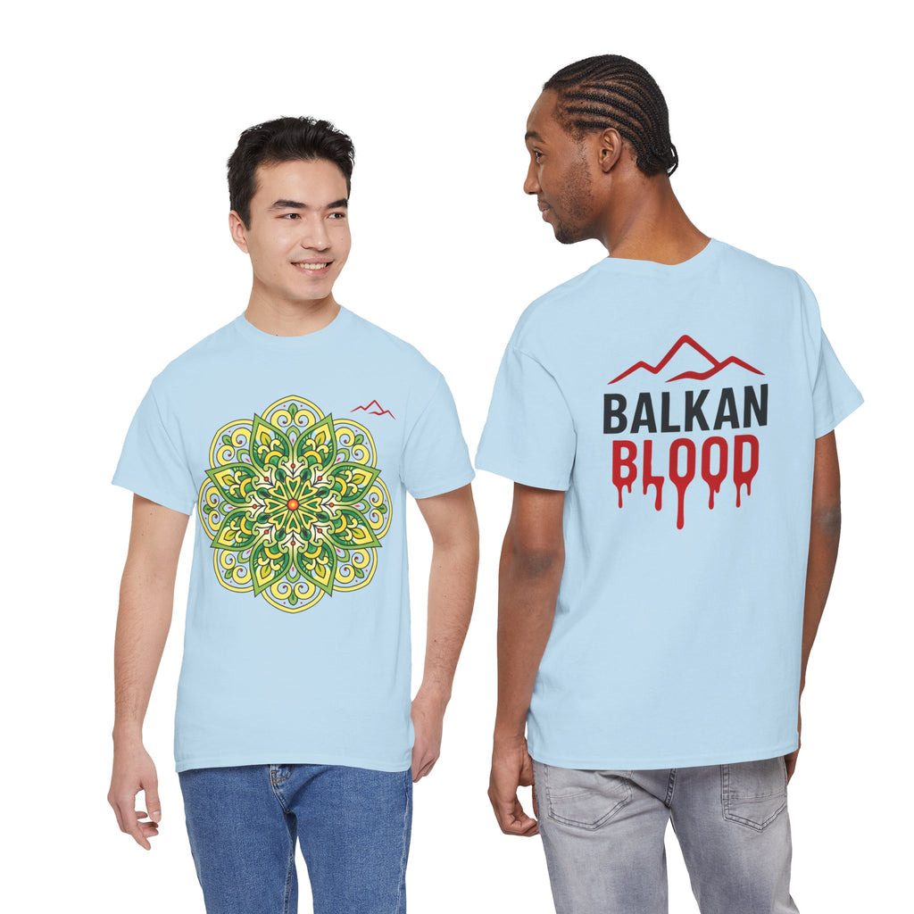 Balkan Blood Graphic Tee — Green Mandala Front & Drip Logo Back