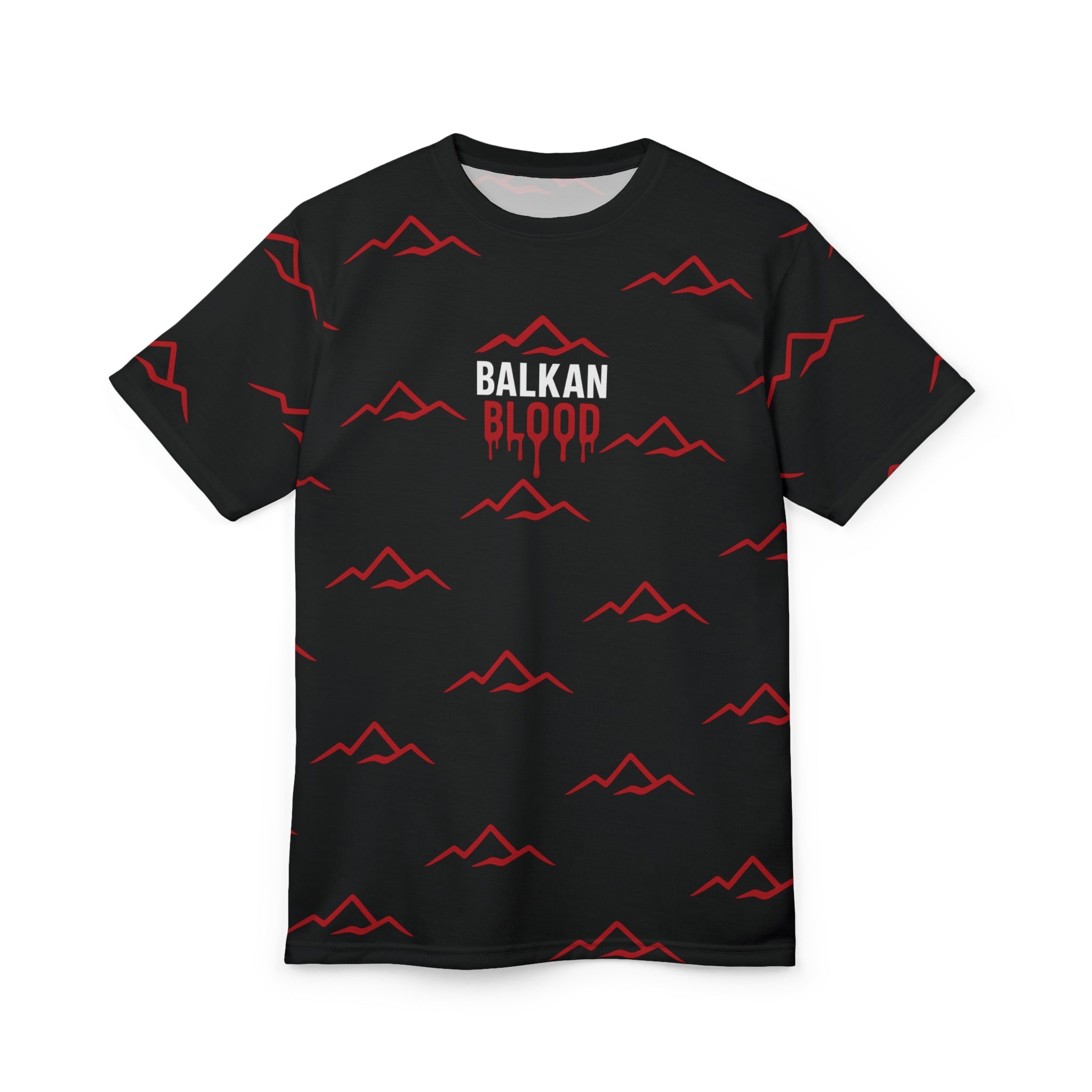 T‑Shirt — "Balkan Blood" Red Mountain Pattern All‑Over Print